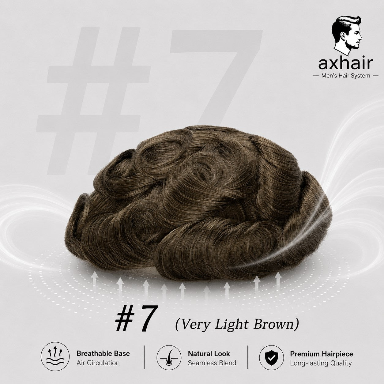 Men's full toupee with very light brown wavy hair, thin base, single knots